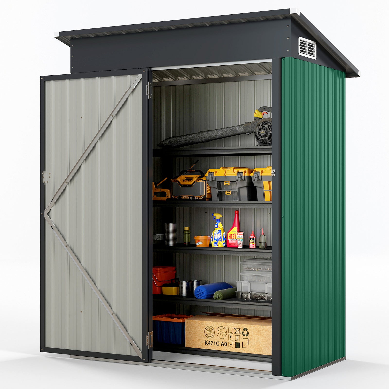 LIVSK All-Weather Opslagschuur Metaal - 1,5 m³ Capaciteit - Schuin Dak - Ventilatieroosters - Veilig Slot - Groen
