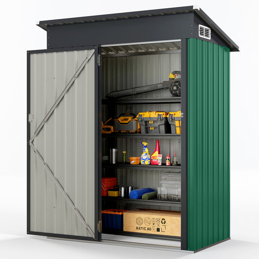 LIVSK All-Weather Opslagschuur Metaal - 1,5 m³ Capaciteit - Schuin Dak - Ventilatieroosters - Veilig Slot - Groen
