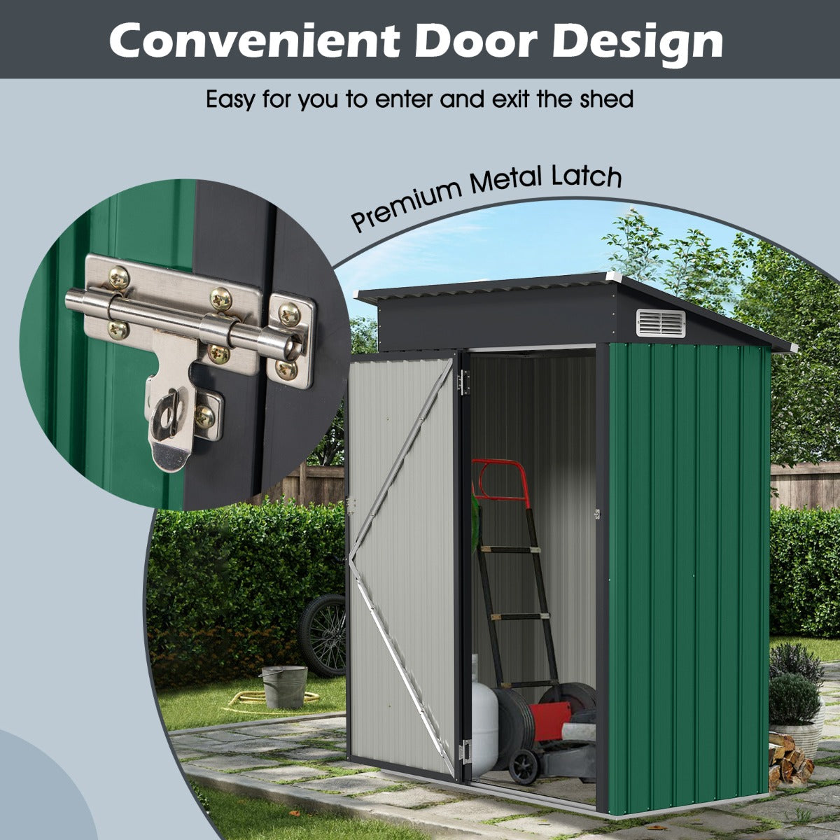 LIVSK All-Weather Opslagschuur Metaal - 1,5 m³ Capaciteit - Schuin Dak - Ventilatieroosters - Veilig Slot - Groen