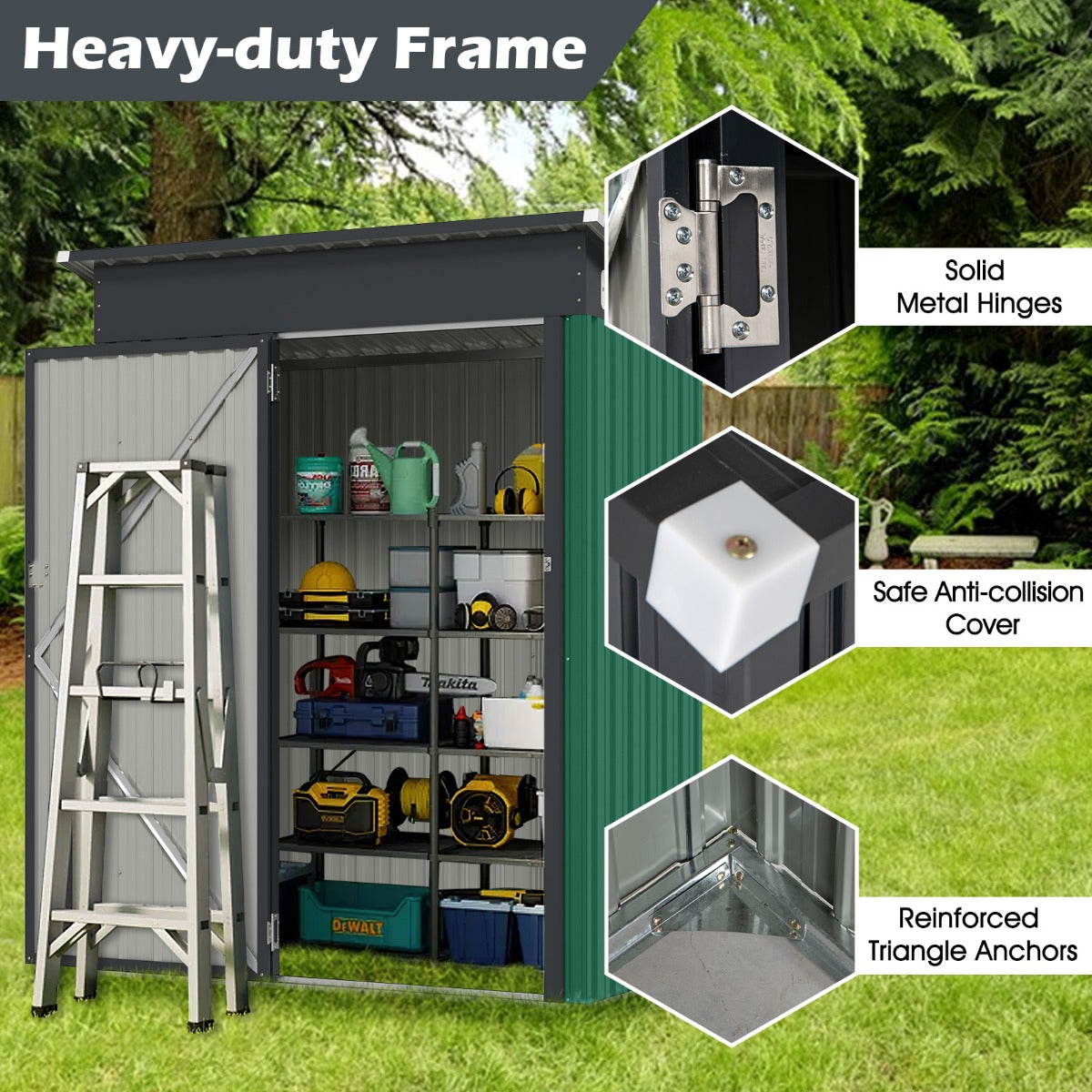 LIVSK All-Weather Opslagschuur Metaal - 1,5 m³ Capaciteit - Schuin Dak - Ventilatieroosters - Veilig Slot - Groen