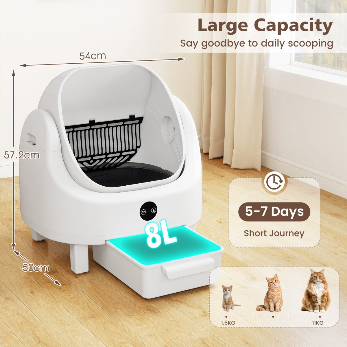LIVSK Automatische Kattenbak - Eenvoudig Schoonmaken - Veiligheidssensoren - App-Bediening - Capaciteit 8L - Wit