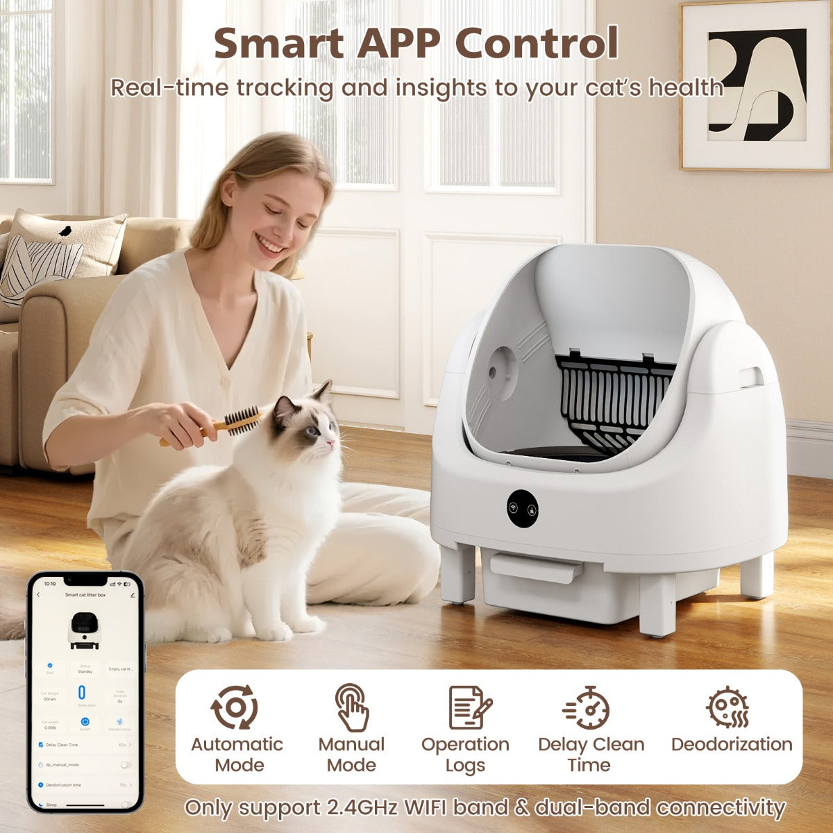 LIVSK Automatische Kattenbak - Eenvoudig Schoonmaken - Veiligheidssensoren - App-Bediening - Capaciteit 8L - Wit