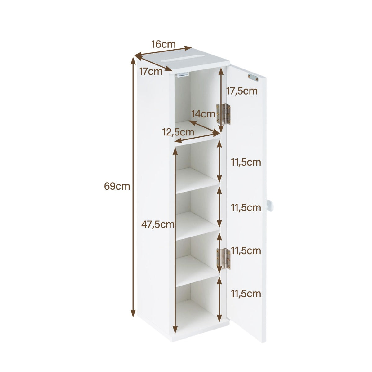 LIVSK Badkamerkast - Verstelbare Planken - Compact Ontwerp 16 x 17 x 69 cm - Veilig met Kantelbeveiligingen - Wit