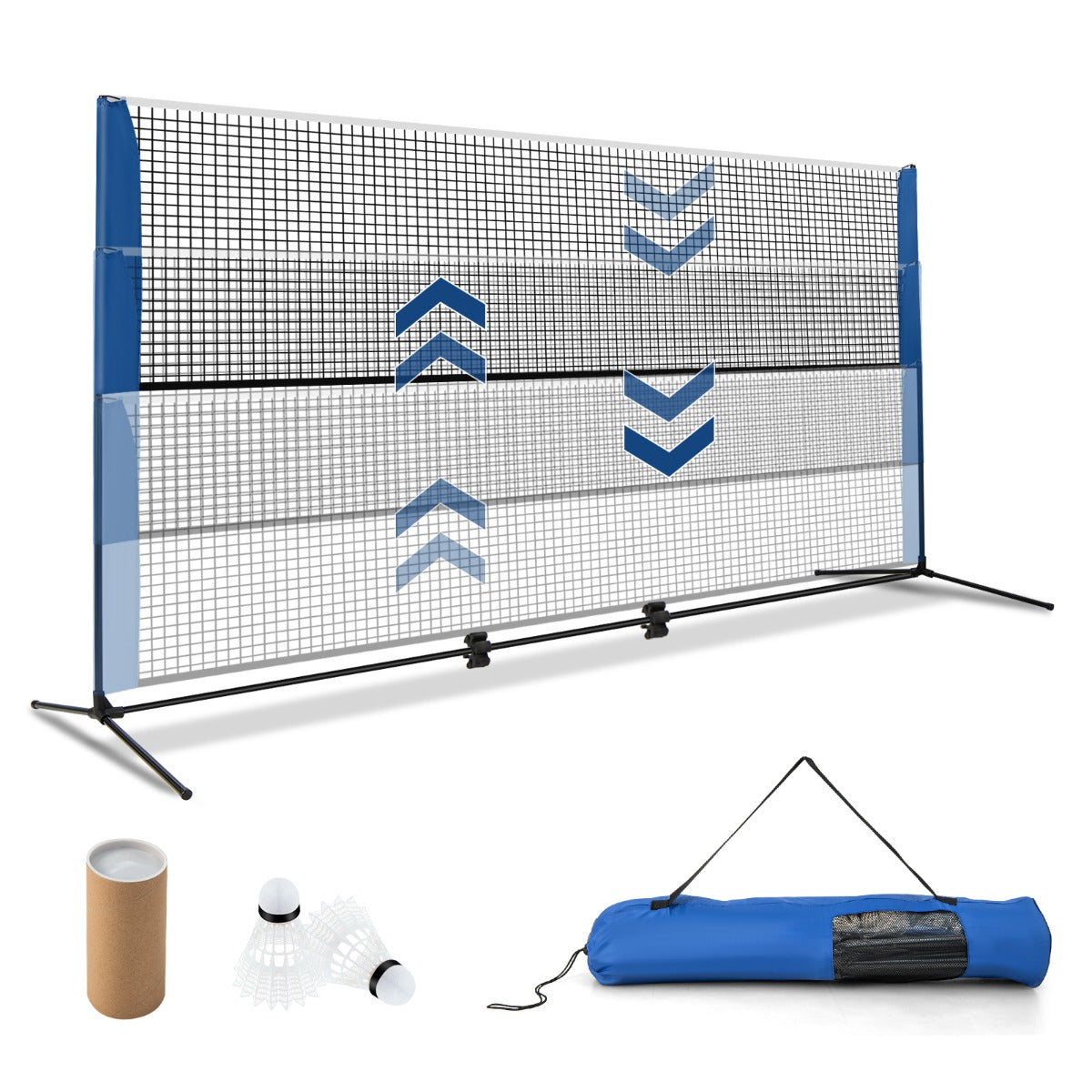 LIVSK Badmintonset 510 cm - Hoogte Verstelbaar - Duurzaam PE Gaas - Inclusief Draagtas en Shuttlecoats - Blauw
