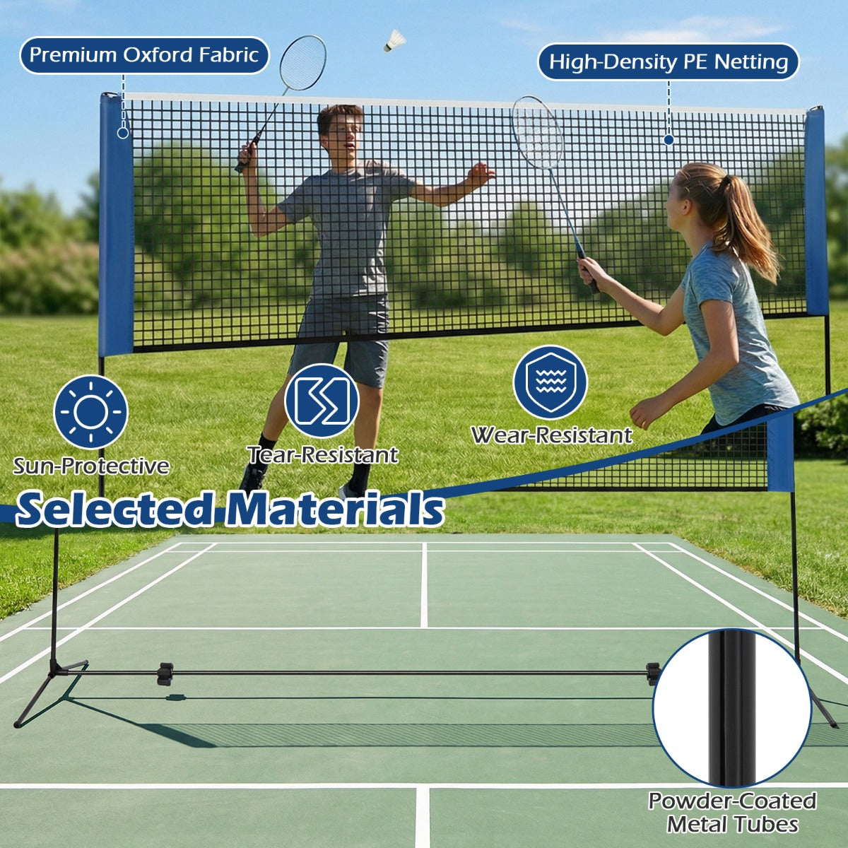 LIVSK Badmintonset 510 cm - Hoogte Verstelbaar - Duurzaam PE Gaas - Inclusief Draagtas en Shuttlecoats - Blauw