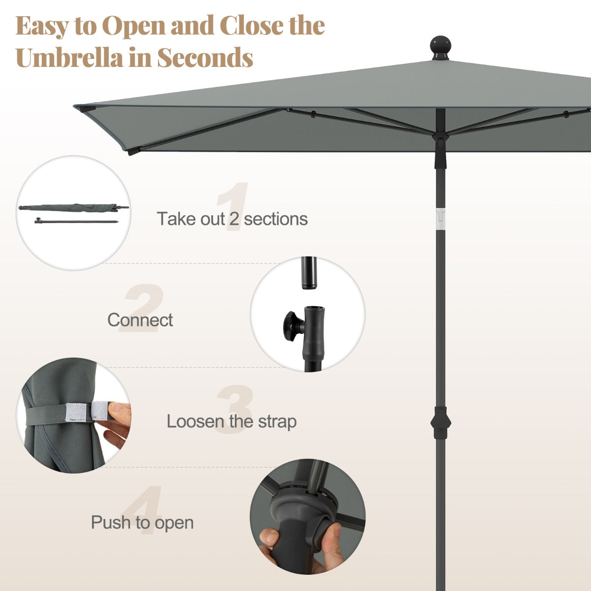 LIVSK Balkon Parasol - Hoogwaardig Polyester - Drukknop Kanteling - Eenvoudige Opbouw - Inclusief Draagtas - Grijs
