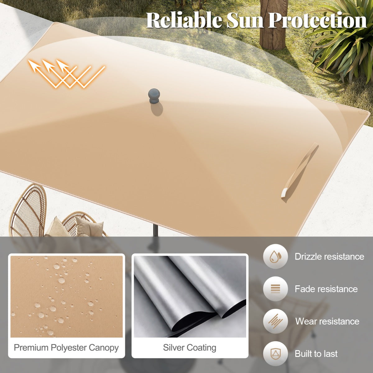 LIVSK Balkon Parasol - Rechthoekig - Polyester met Zilvercoating - Drukknop Kanteling - Draagbaar Ontwerp - Beige