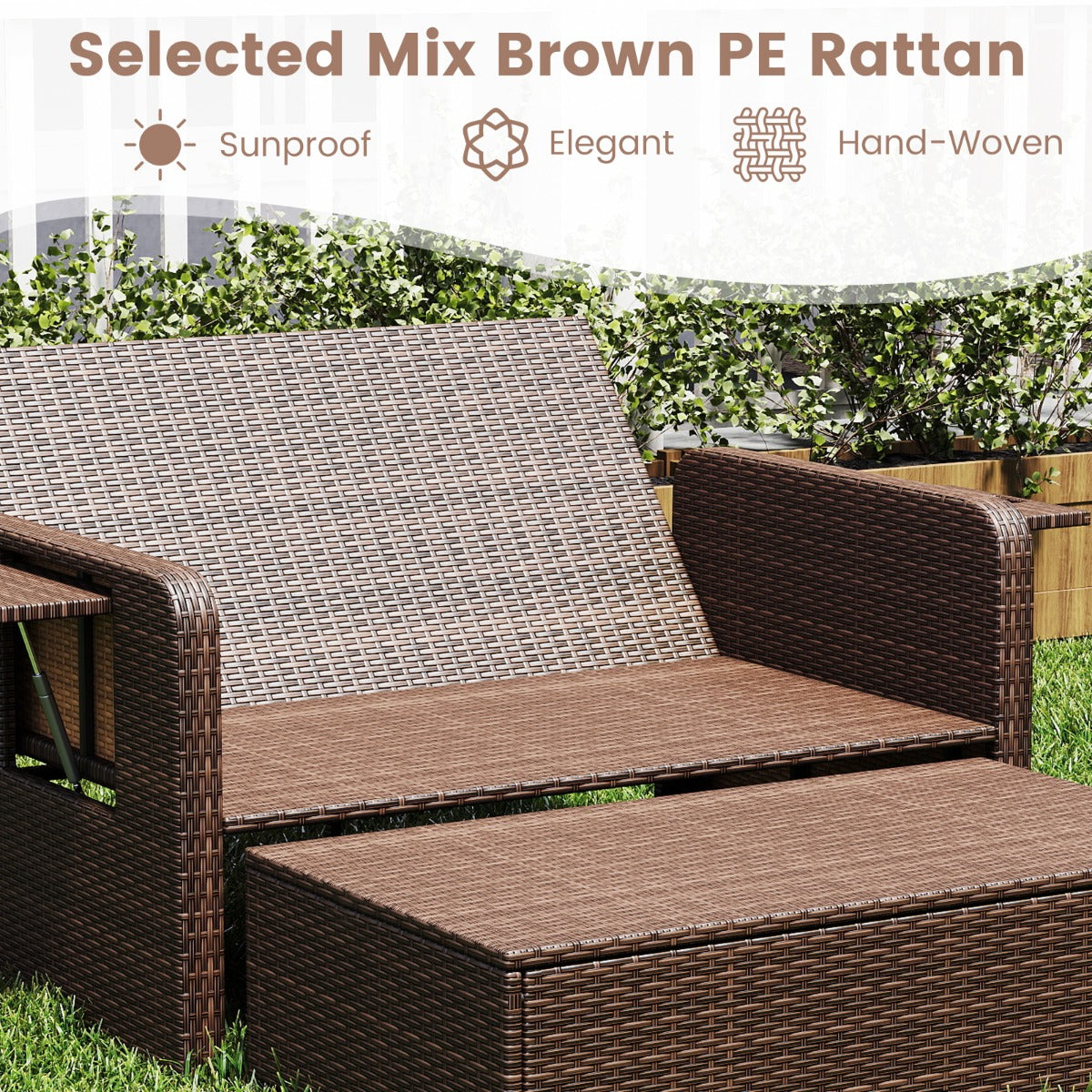 LIVSK Balkonmeubelset - 4-Voudig Verstelbare Rugleuning - PE-Rotan - Multifunctionele Poef - Tot 360 kg - Mix Bruin / Mix Grijs