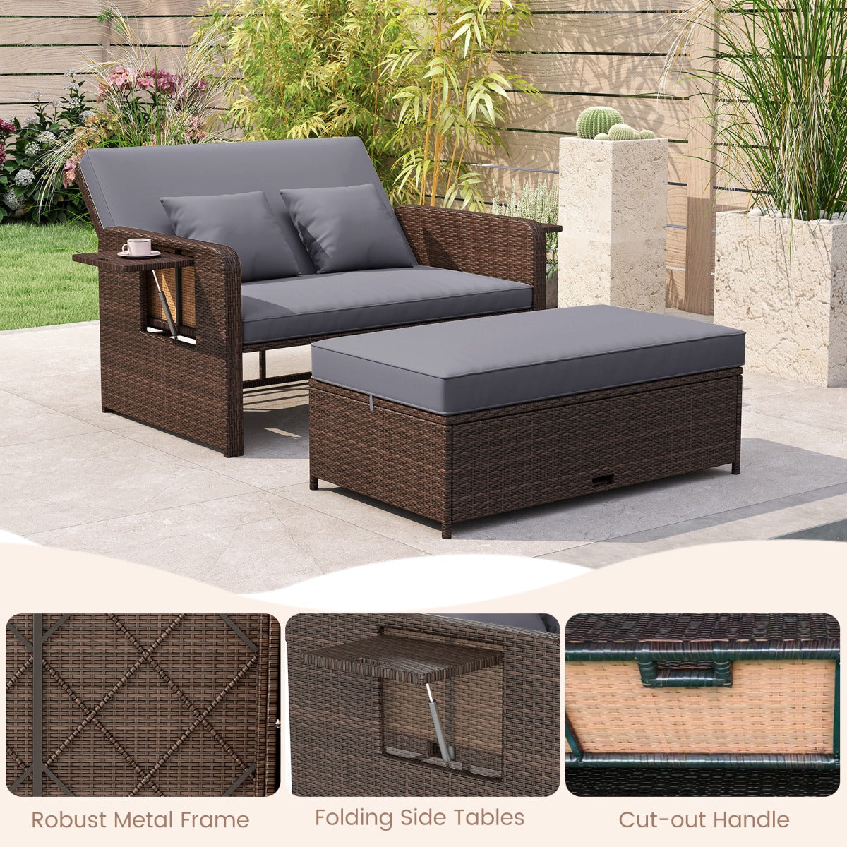 LIVSK Balkonmeubelset - 4-Voudig Verstelbare Rugleuning - PE-Rotan - Multifunctionele Poef - Tot 360 kg - Mix Bruin / Mix Grijs