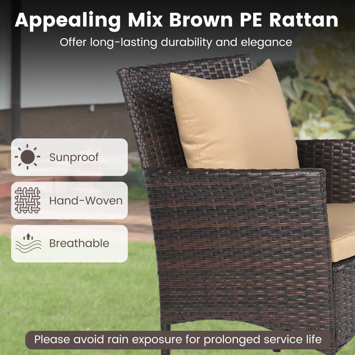 LIVSK Balkonmeubelset - Handgeweven PE-rotan - Ergonomische Fauteuils - Stabiele Metaalconstructie - Mix Bruin en Geel