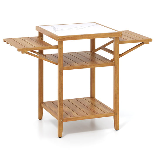LIVSK Barbecue-tafel - Acaciahout - Opklapbare Zijplanken - Waterdicht Werkblad - Verstelbare Voetjes - Naturel