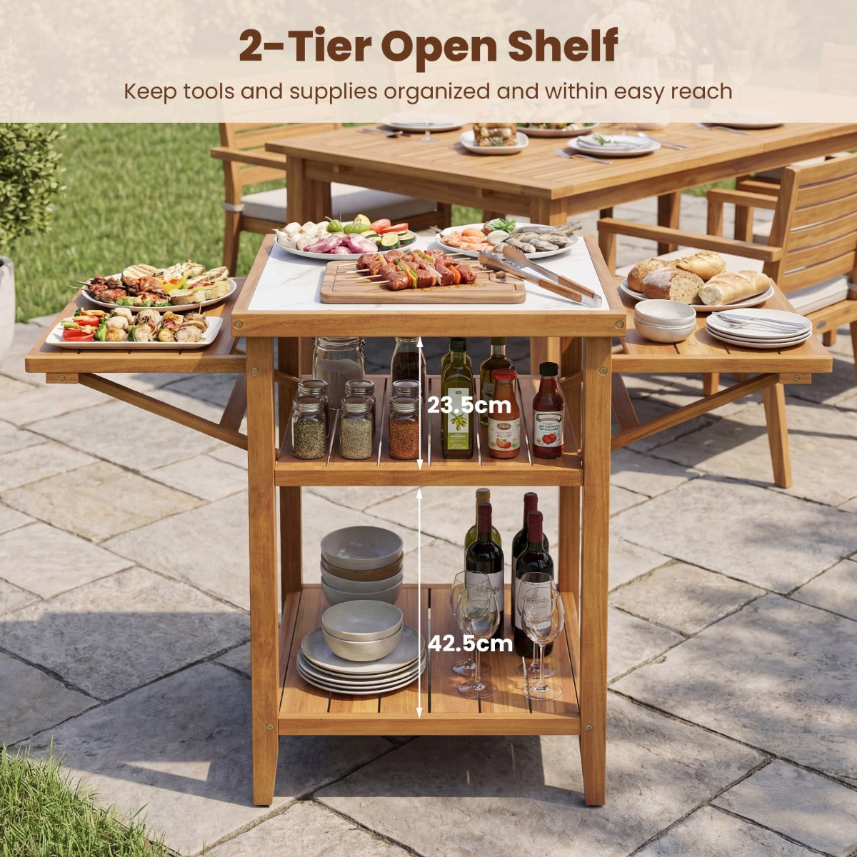 LIVSK Barbecue-tafel - Acaciahout - Opklapbare Zijplanken - Waterdicht Werkblad - Verstelbare Voetjes - Naturel