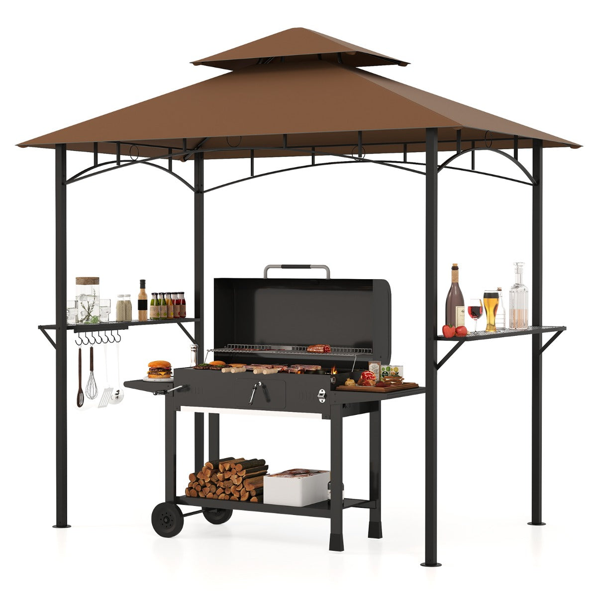 LIVSK Barbecueprieel - Weerbestendig Polyester Dak - Stabiel Metaalframe - 2 Zijplanken en 7 Haken - 240 x 151 cm - Bruin