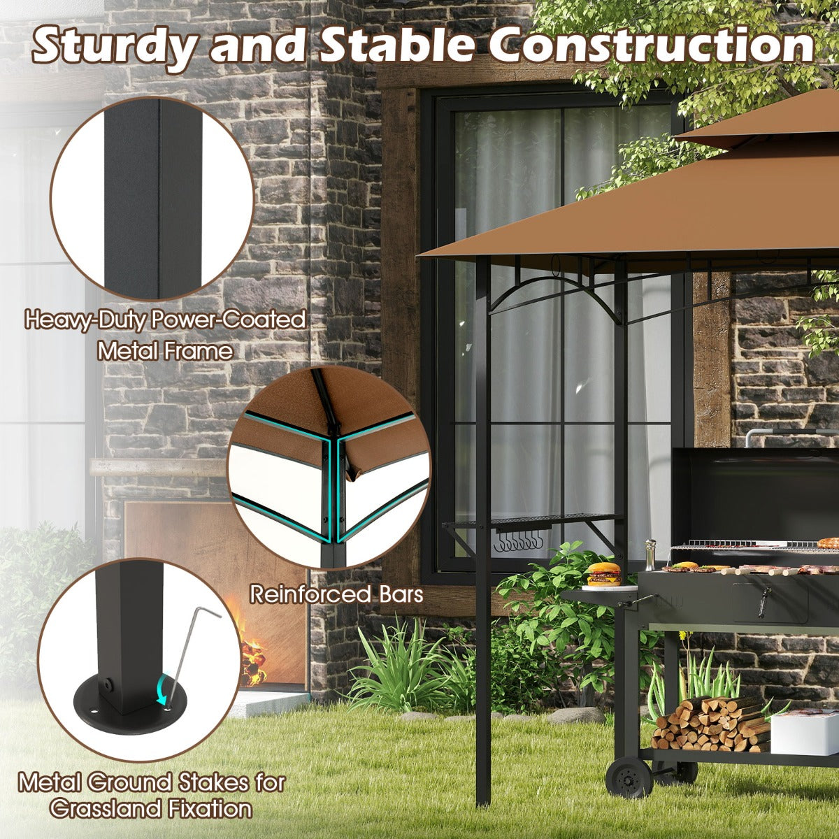 LIVSK Barbecueprieel - Weerbestendig Polyester Dak - Stabiel Metaalframe - 2 Zijplanken en 7 Haken - 240 x 151 cm - Bruin