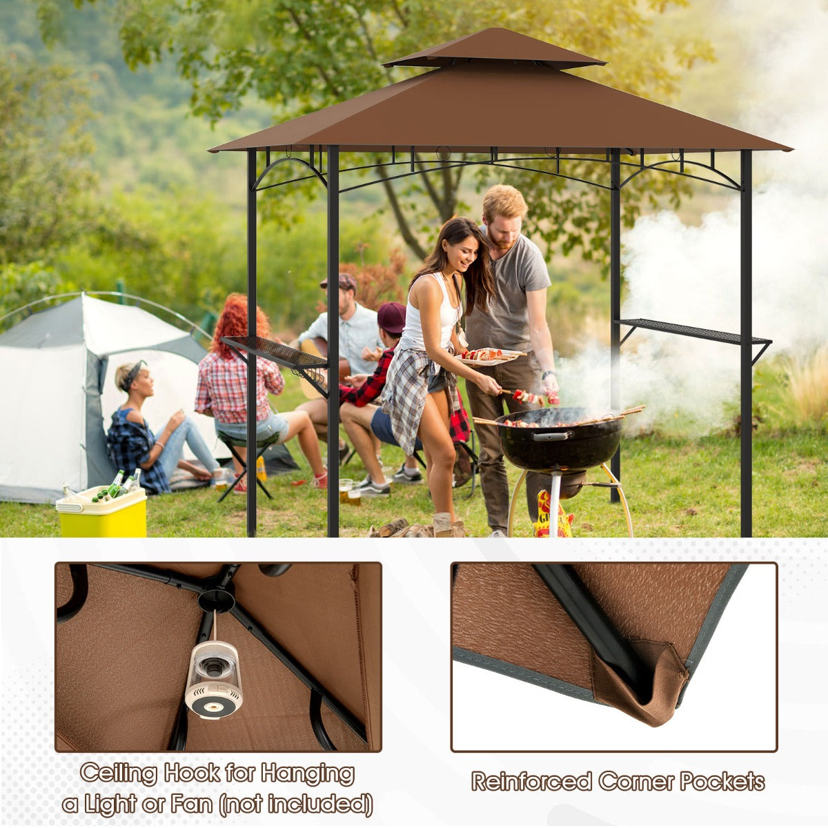 LIVSK Barbecueprieel - Weerbestendig Polyester Dak - Stabiel Metaalframe - 2 Zijplanken en 7 Haken - 240 x 151 cm - Bruin