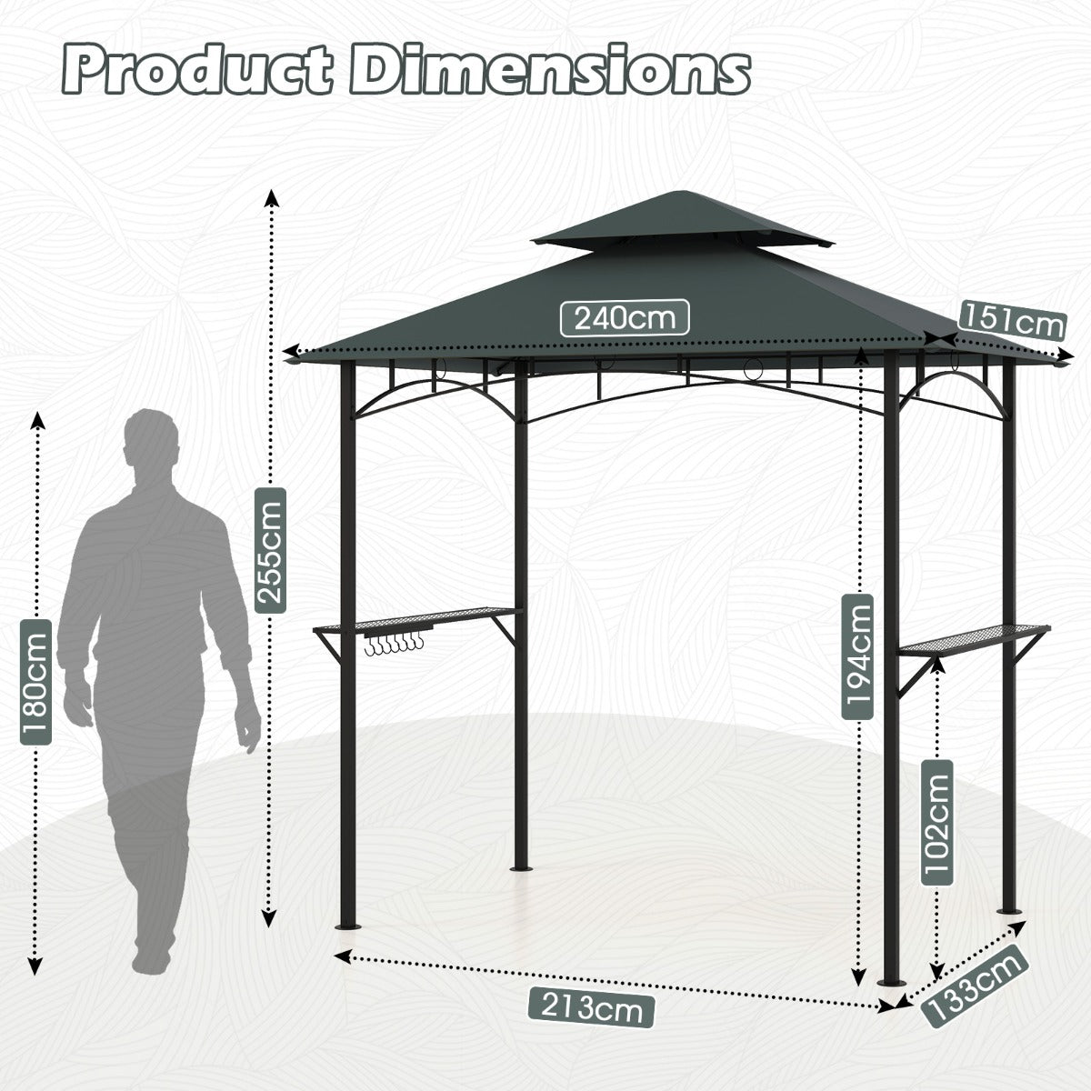 LIVSK Barbecueprieel - Weerbestendig Polyester - Metalen Frame - 2 Zijplanken & 7 Haken - 240 x 151 x 255 cm - Bruin/Grijs