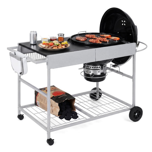 LIVSK Barbecuewagen - Geschikt voor 18-22 inch Barbecues - Ruim Werkblad - Vergrendelbare Wielen - Zilver + Zwart