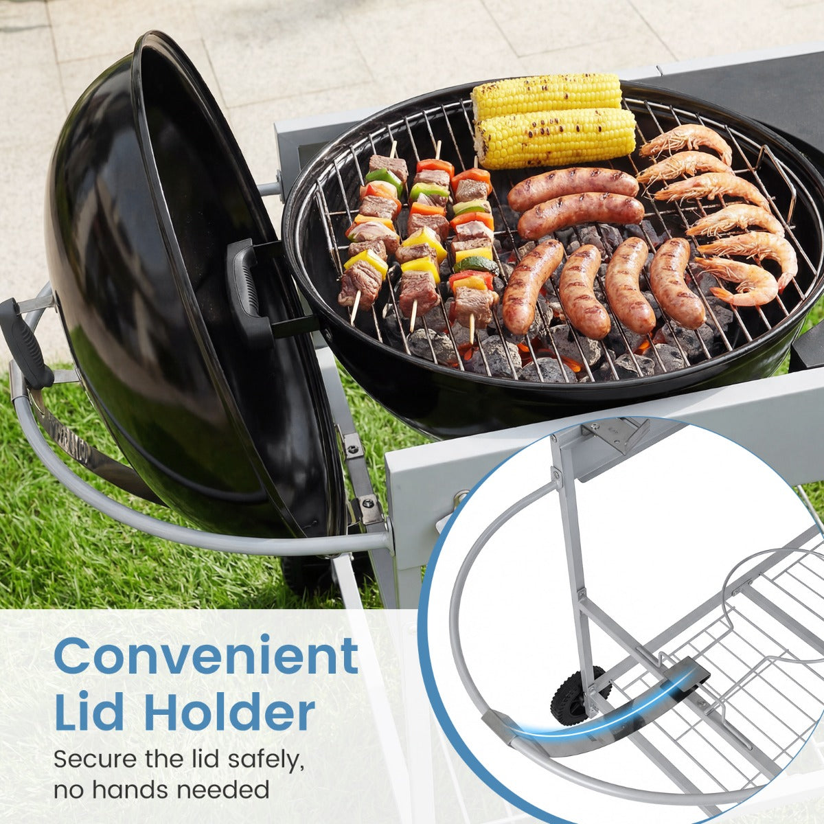 LIVSK Barbecuewagen - Geschikt voor 18-22 inch Barbecues - Ruim Werkblad - Vergrendelbare Wielen - Zilver + Zwart