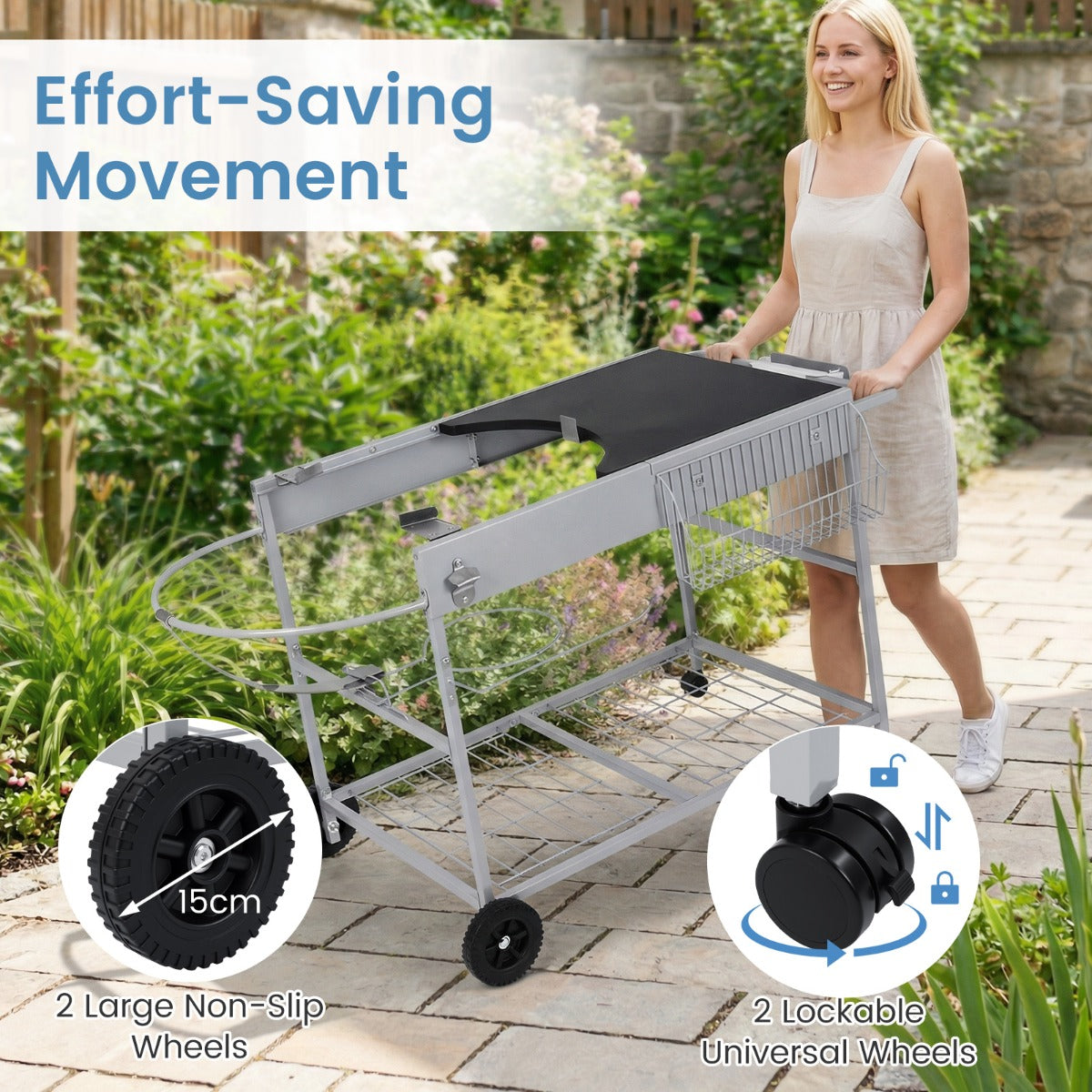 LIVSK Barbecuewagen - Geschikt voor 18-22 inch Barbecues - Ruim Werkblad - Vergrendelbare Wielen - Zilver + Zwart