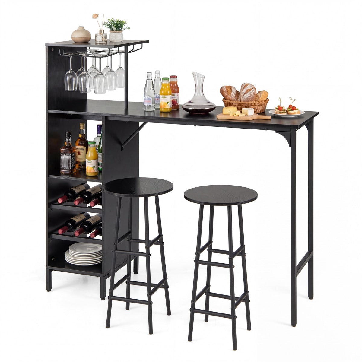 LIVSK Bartafel en Krukenset - Multifunctionele Zijplanken - Versterkte Structuur - Comfortabele Zittingen - Zwart