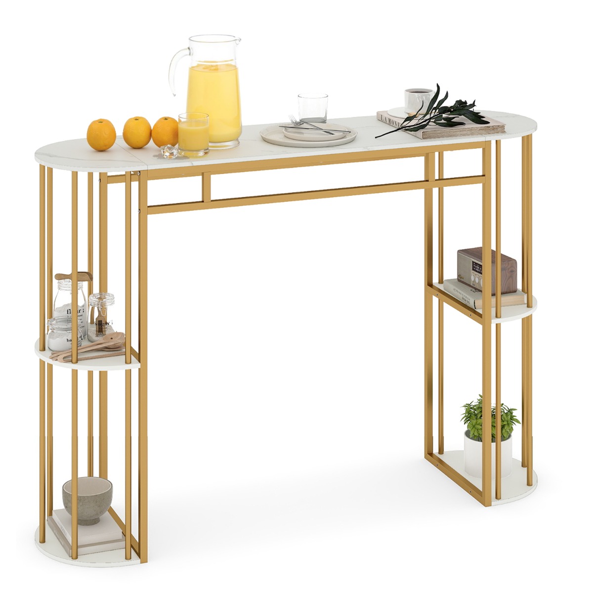LIVSK Bartafel - Kunstmarmer Tafelblad - Robuust Metaal Frame - 4 Halfronde Opbergplanken - 150 cm - Zwart/Goud