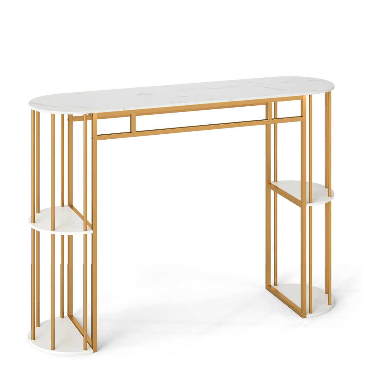 LIVSK Bartafel - Kunstmarmer Tafelblad - Robuust Metaal Frame - 4 Halfronde Opbergplanken - 150 cm - Zwart/Goud