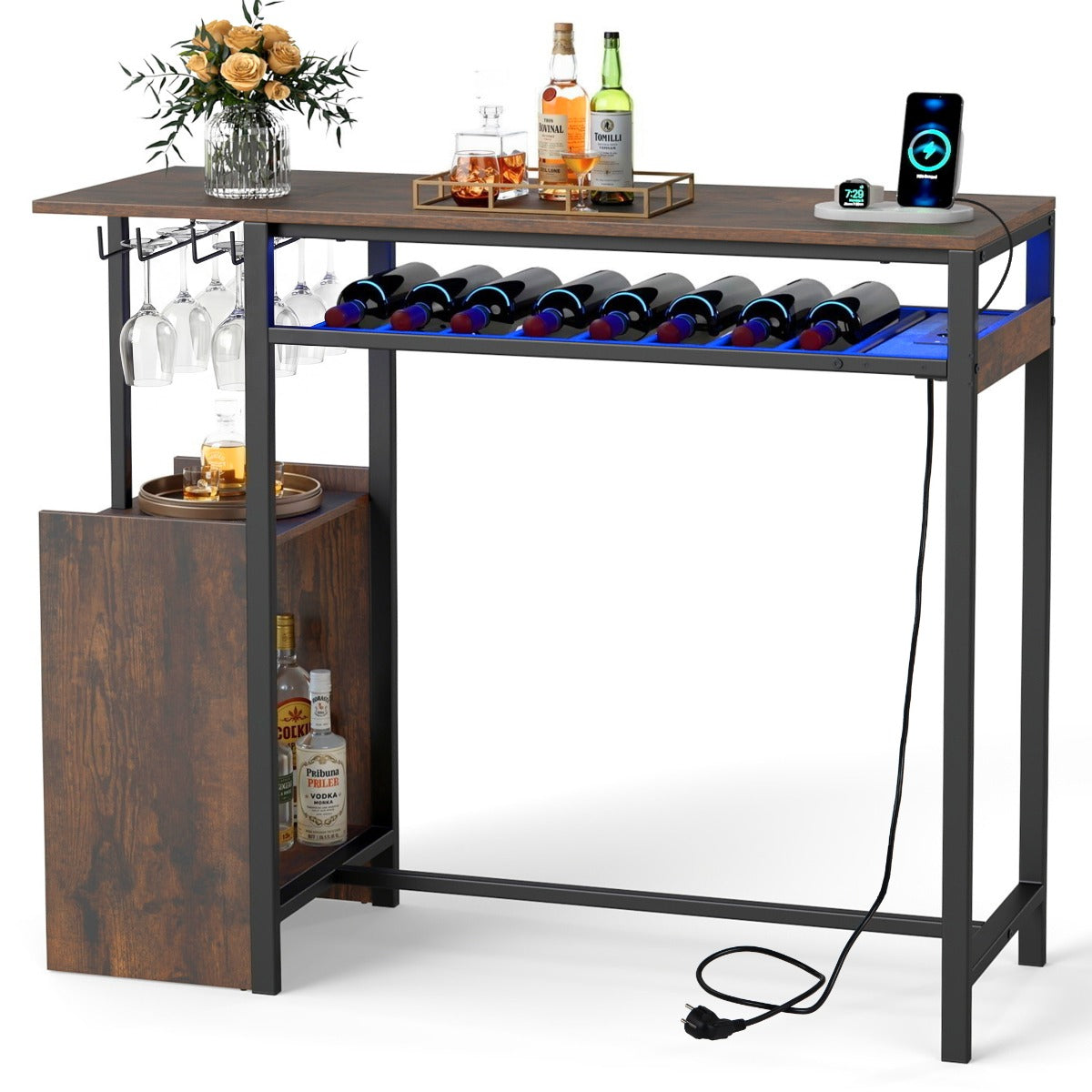 LIVSK Bartafel met RGB-Verlichting - 16 Kleuren - Oplaadstation - Royale Opbergruimte - Industriële Stijl - Bruin