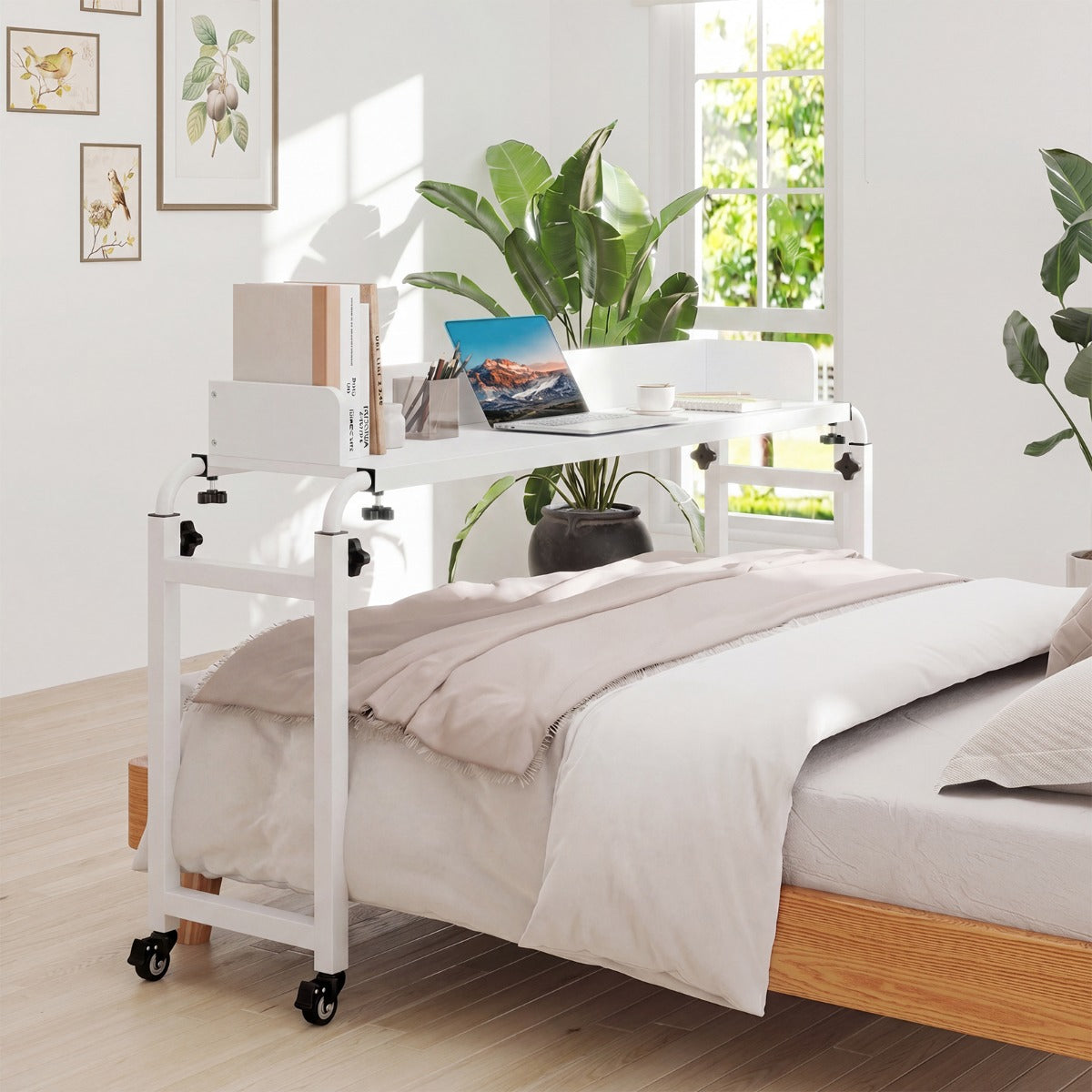LIVSK Bedtafel met Wielen - Verstelbare Hoogte en Lengte - Robuust Metalen Frame - Ruime Werkruimte - Rustiek Bruin & Zwart