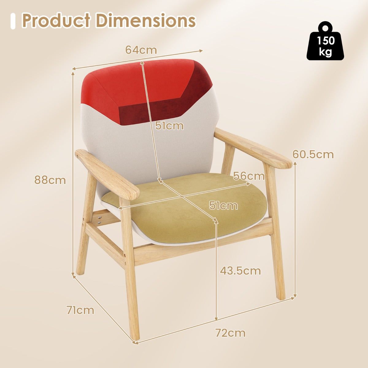 LIVSK Bijzetstoel - Rubberhout Frame - Polyester Stof - Ergonomische Ondersteuning - Draagvermogen 150 kg - Multicolor