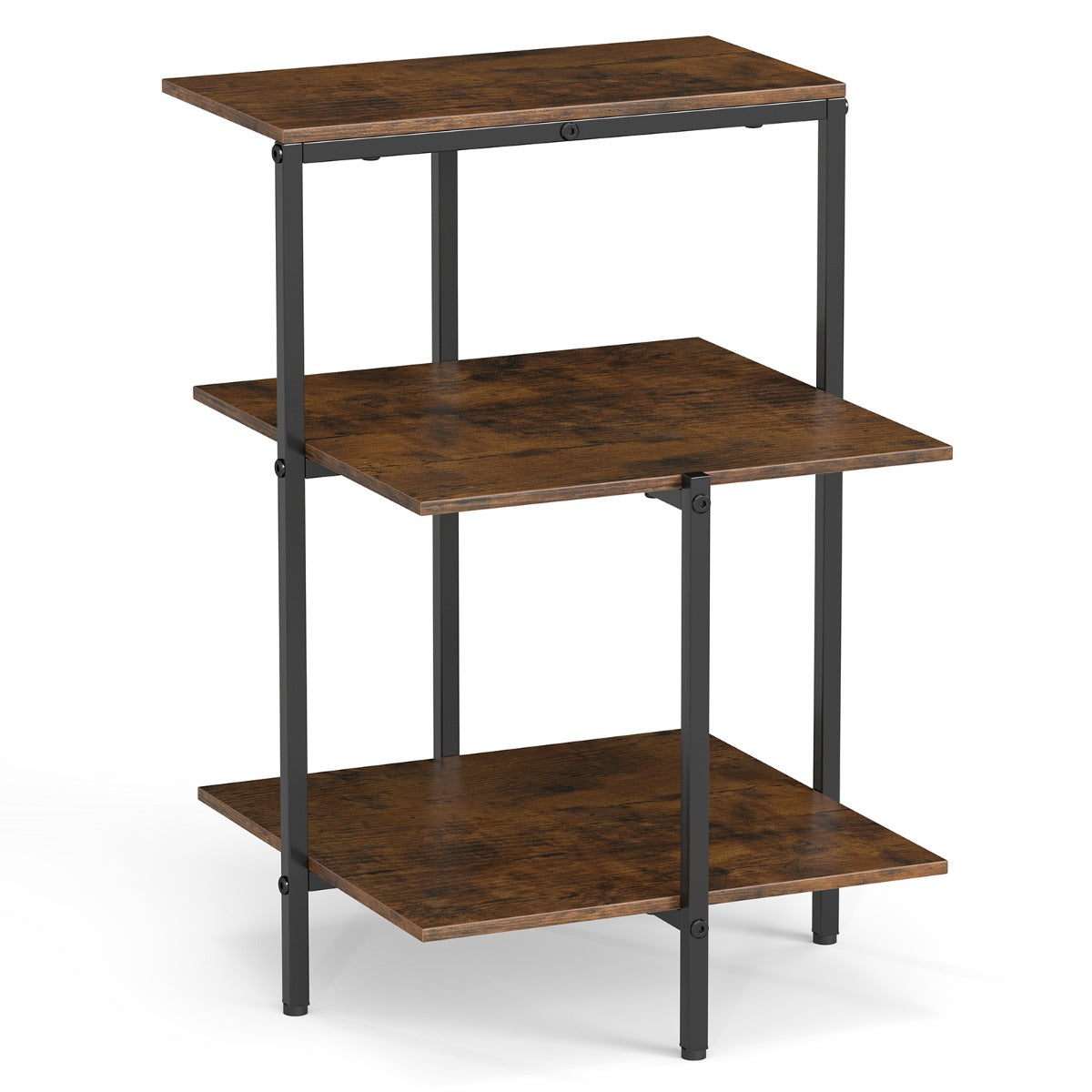 LIVSK Bijzettafel met 3 Niveaus - Verstelbare Stelvoeten - Industrieel Design - Compact Formaat - Rustiek Bruin en Zwart