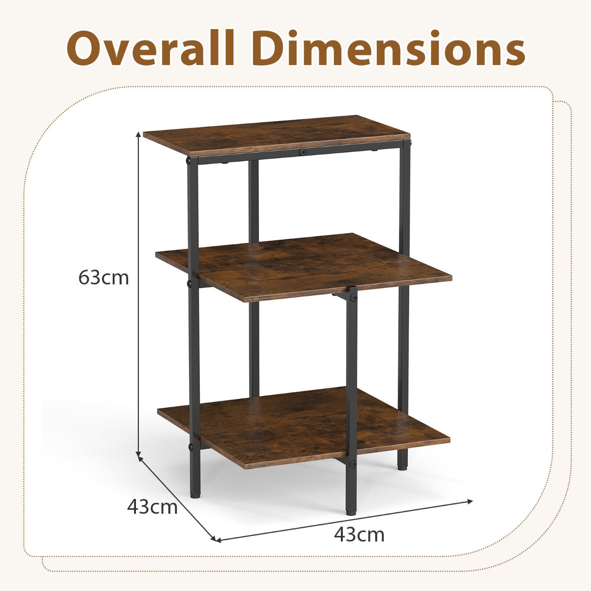 LIVSK Bijzettafel met 3 Niveaus - Verstelbare Stelvoeten - Industrieel Design - Compact Formaat - Rustiek Bruin en Zwart