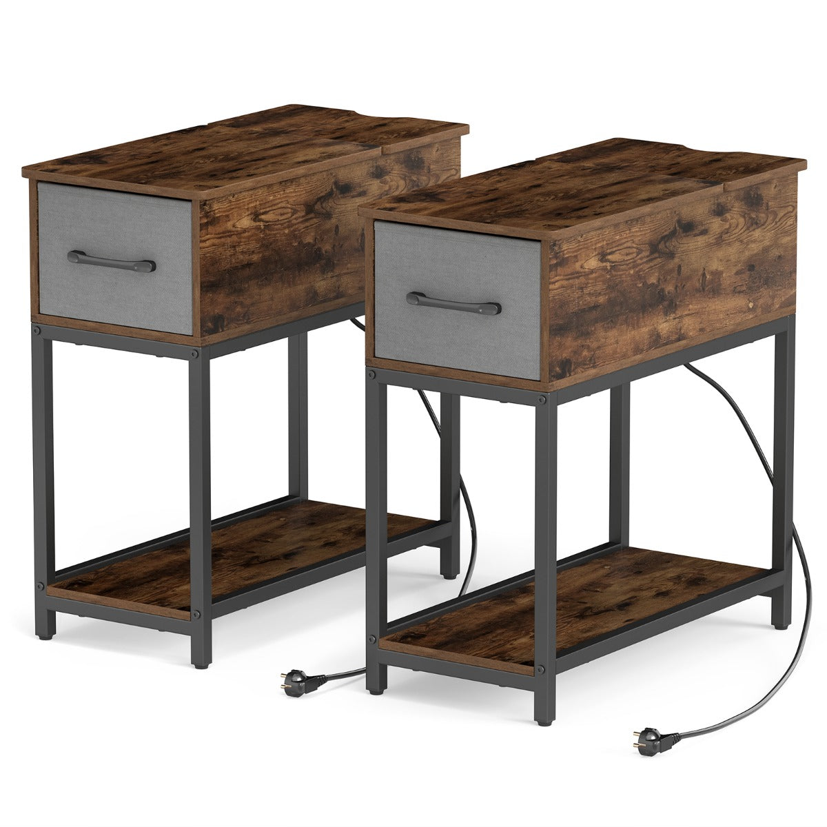 LIVSK Bijzettafel met Oplaadstation - Industriële Stijl - LEDverlichting - Stof Beklede Lades - Open Planken - Set van 2 - Zwart