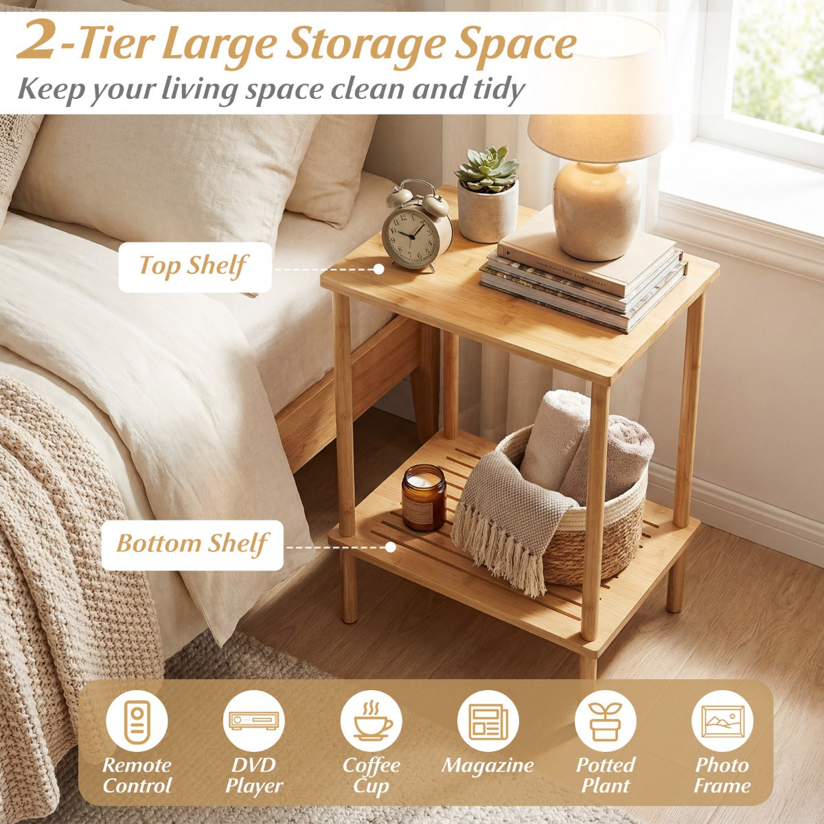 LIVSK Bijzettafelset - Hoogwaardig Bamboe - 2 Open Opbergvakken - Multifunctioneel - Compact 40 x 30 x 55 cm - Naturel