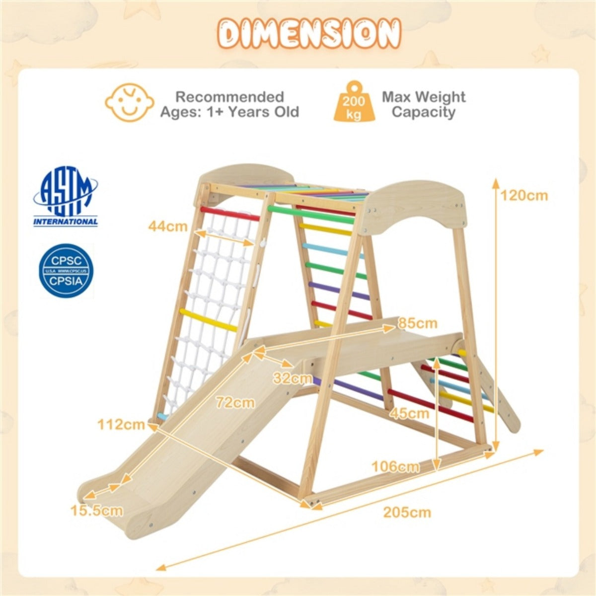 LIVSK Binnenspeeltuin voor Peuters - 6-in-1 Ontwerp met Apenstangen en Glijbaan - Veilig en Stabiel - 205 x 112 x 120 cm -