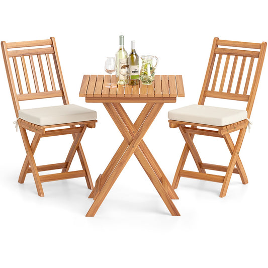 LIVSK Bistroset - Acaciahout - 2 Opvouwbare Stoelen met Kussens - Ruimtebesparend Ontwerp - Natuurlijk en Crèmewit