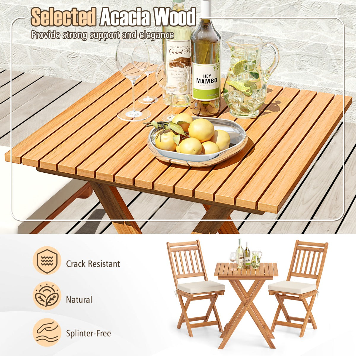 LIVSK Bistroset - Acaciahout - 2 Opvouwbare Stoelen met Kussens - Ruimtebesparend Ontwerp - Natuurlijk en Crèmewit