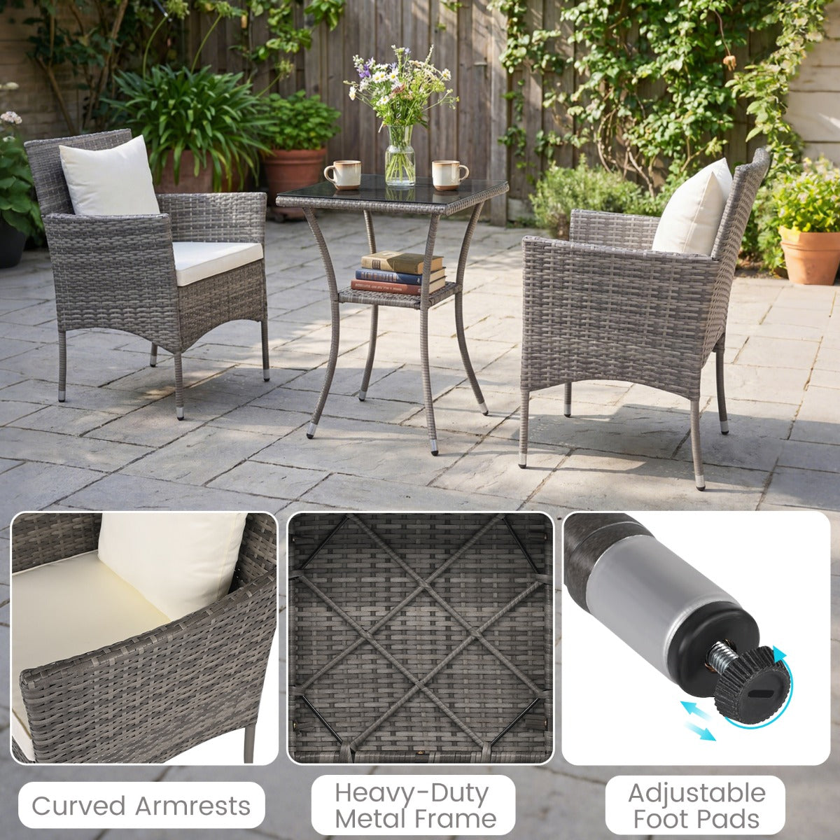 LIVSK Bistroset - Duurzaam PE-Rotan - Ergonomische Stoelen met Kussens - Dubbele Tafel met Glas - Grijsmix
