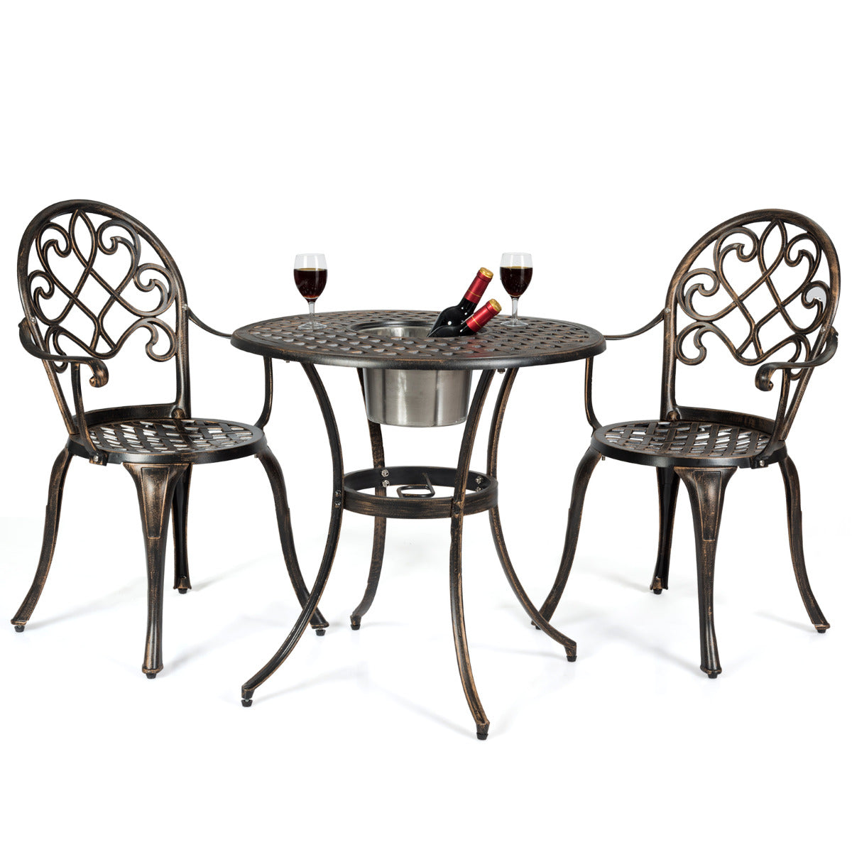 LIVSK Bistroset - Elegant Design - Duurzaam Gegoten Aluminium - Afneembare IJsemmer - Ergonomische Stoelen - Antiek Brons