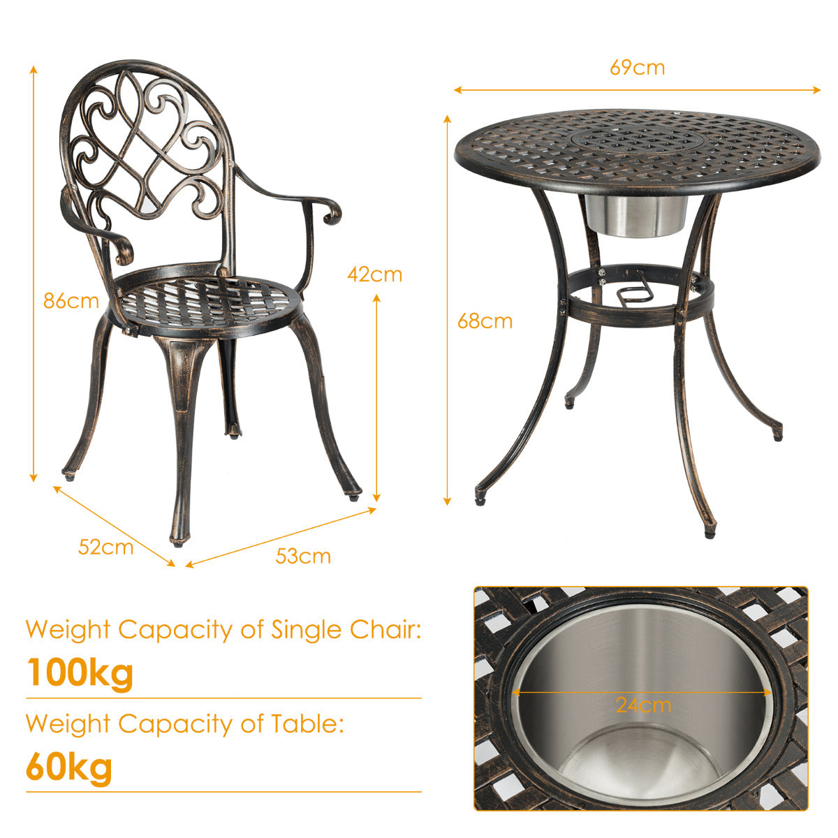 LIVSK Bistroset - Elegant Design - Duurzaam Gegoten Aluminium - Afneembare IJsemmer - Ergonomische Stoelen - Antiek Brons