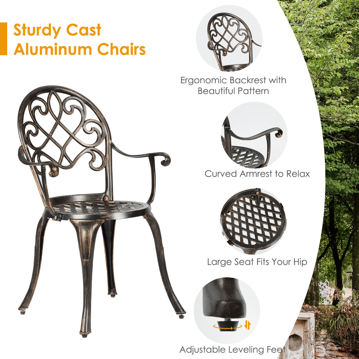 LIVSK Bistroset - Elegant Design - Duurzaam Gegoten Aluminium - Afneembare IJsemmer - Ergonomische Stoelen - Antiek Brons