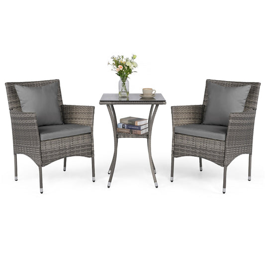 LIVSK Bistroset - Elegant Rotan - Ergonomische Stoelen - Gehard Glazen Tafel - Voor Terras en Tuin - Grijsmix