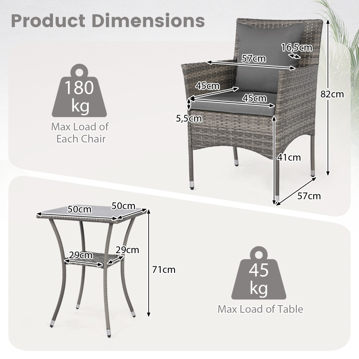 LIVSK Bistroset - Elegant Rotan - Ergonomische Stoelen - Gehard Glazen Tafel - Voor Terras en Tuin - Grijsmix