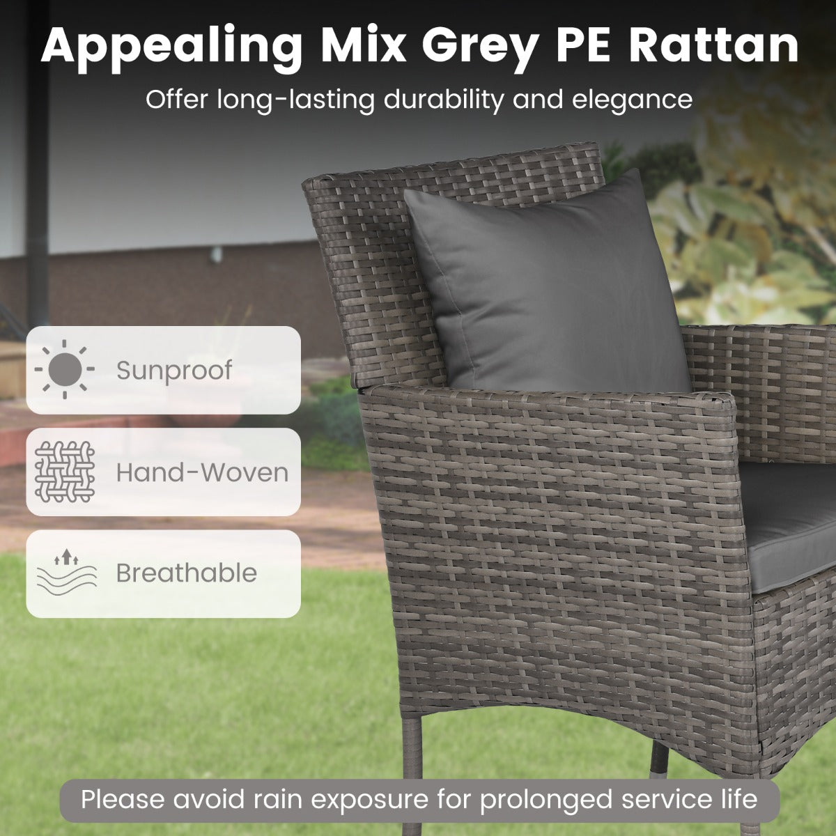 LIVSK Bistroset - Elegant Rotan - Ergonomische Stoelen - Gehard Glazen Tafel - Voor Terras en Tuin - Grijsmix