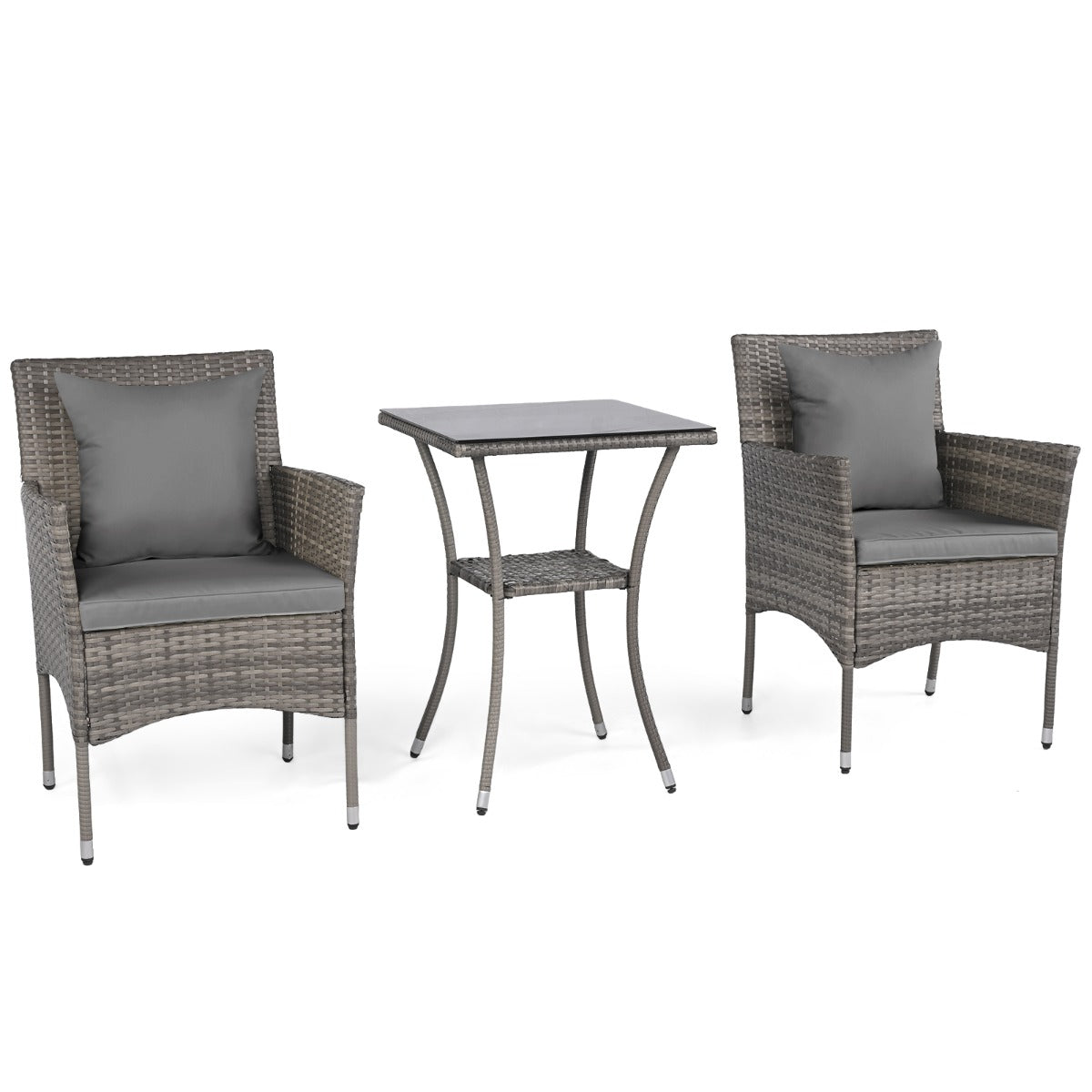 LIVSK Bistroset - Ergonomische Rotan Stoelen - Dubbele Tafel met Glasblad - Totale Capaciteit 180 kg - Grijsmix