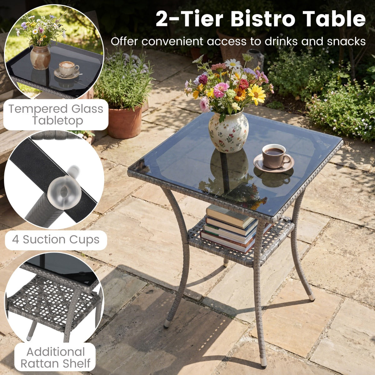 LIVSK Bistroset - Handgeweven PE-Rotan - Ergonomische Stoelen met Kussens - Praktische Tafel met Dubbel Schap - Grijsmix