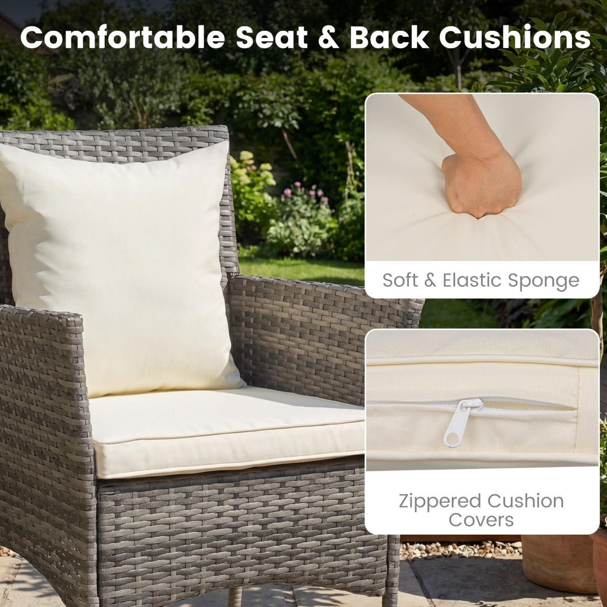 LIVSK Bistroset - Handgeweven PE-Rotan - Ergonomische Stoelen met Kussens - Praktische Tafel met Dubbel Schap - Grijsmix