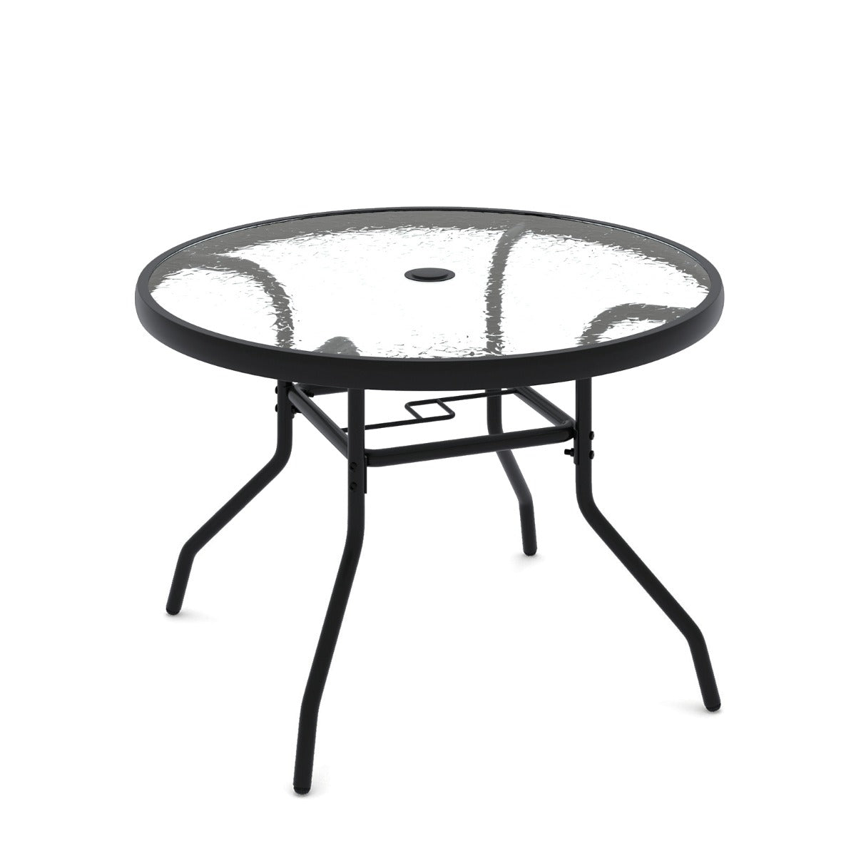 LIVSK Bistrotafel met Parasolgat - Glazen Blad met Golvende Textuur - Stevig Metaal - Voor Binnen en Buiten - 70 x 70 x 45,5 cm -