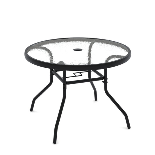 LIVSK Bistrotafel met Parasolgat - Glazen Blad met Golvende Textuur - Stevig Metaal - Voor Binnen en Buiten - 70 x 70 x 45,5 cm -
