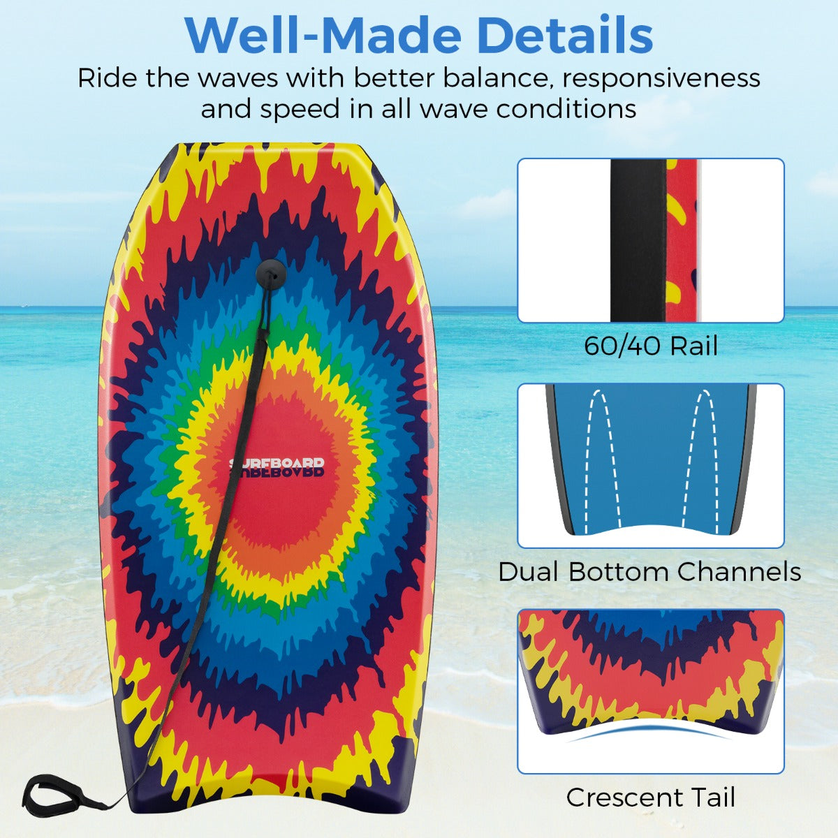 LIVSK Bodyboard 104 cm - Halvemaanvormige Staart - Lichtgewicht EPS Kern - Inclusief Verstelbare Polsband - Geschikt voor 14+ Jaar