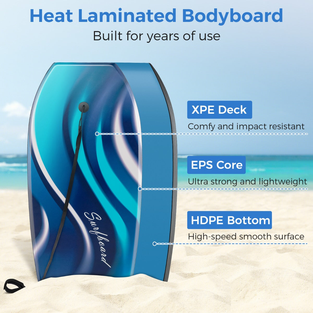 LIVSK Bodyboard 104 cm - Lichtgewicht en Duurzaam - Halvemaanvormige Staart - Inclusief Verstelbare Polsband - Voor Tieners en